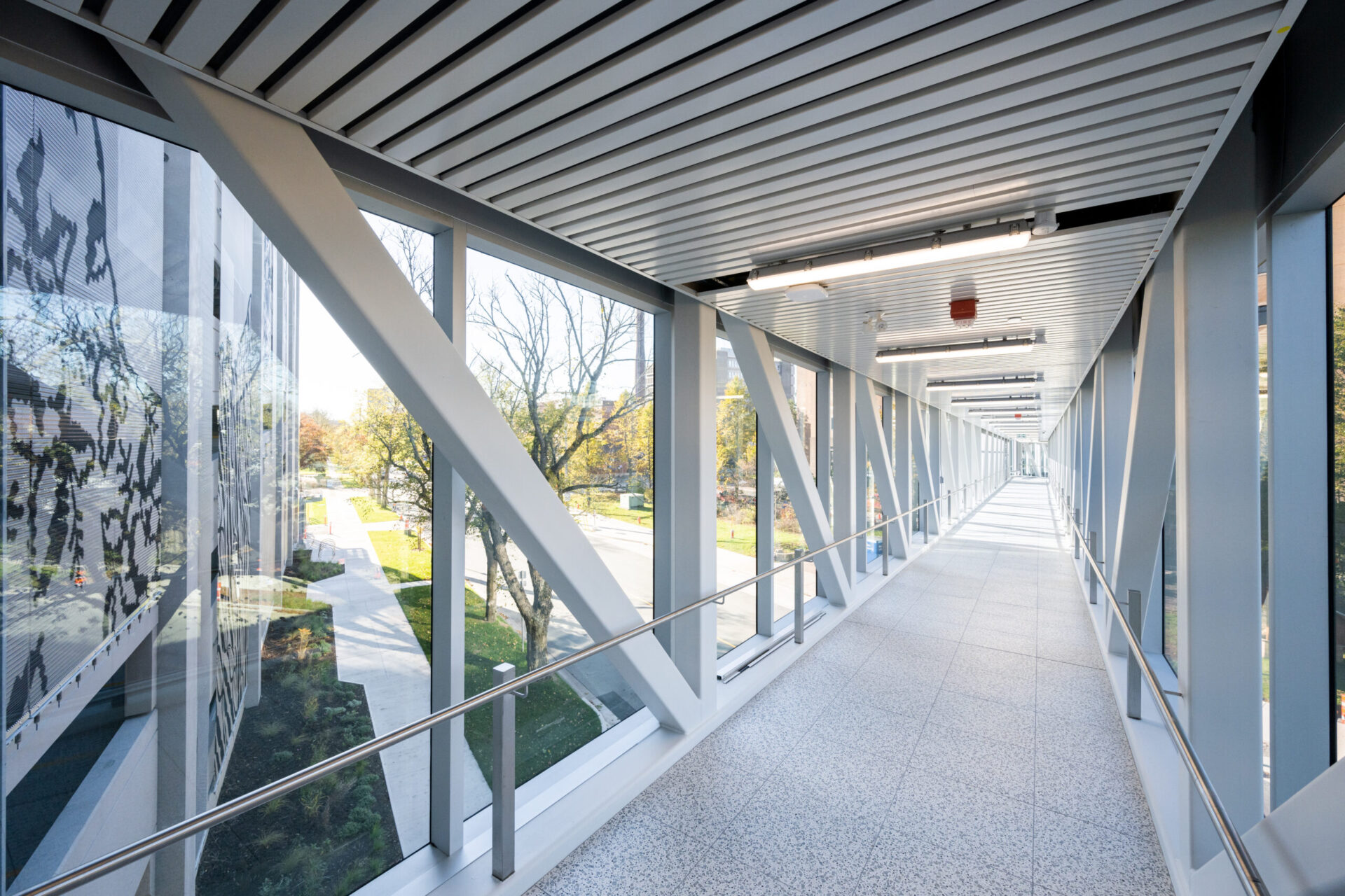 A walkway with architecture and glass railings, giving a view of a building.