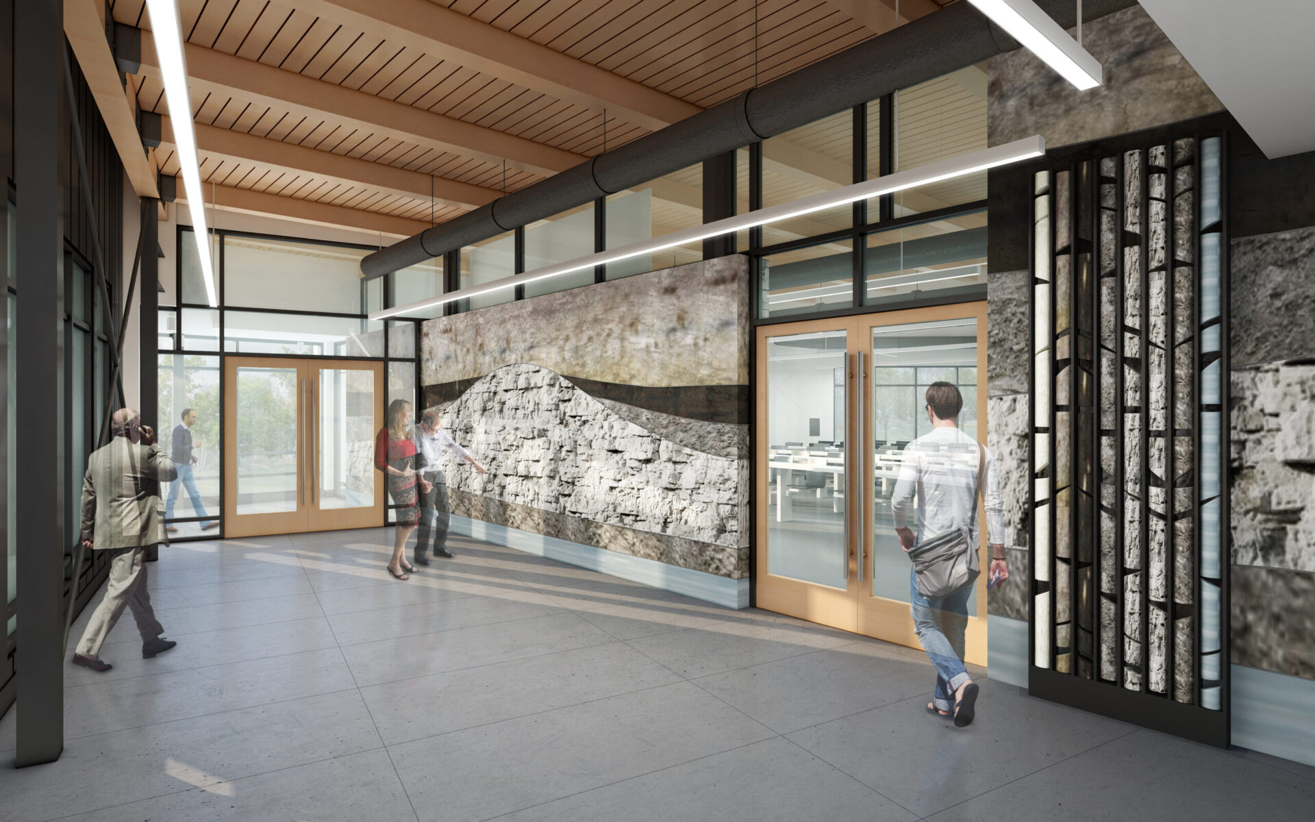 A rendering of an architecturally designed lobby with people walking through it.