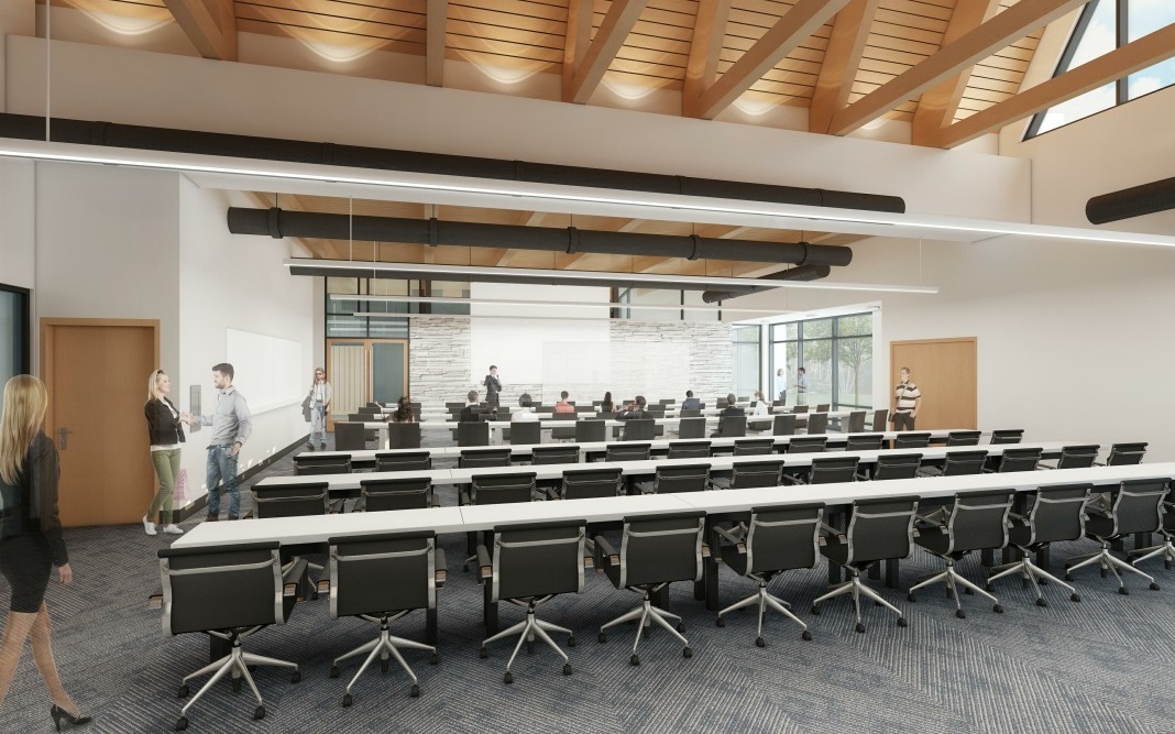 A rendering of a conference room with tables and chairs showcasing architecture.