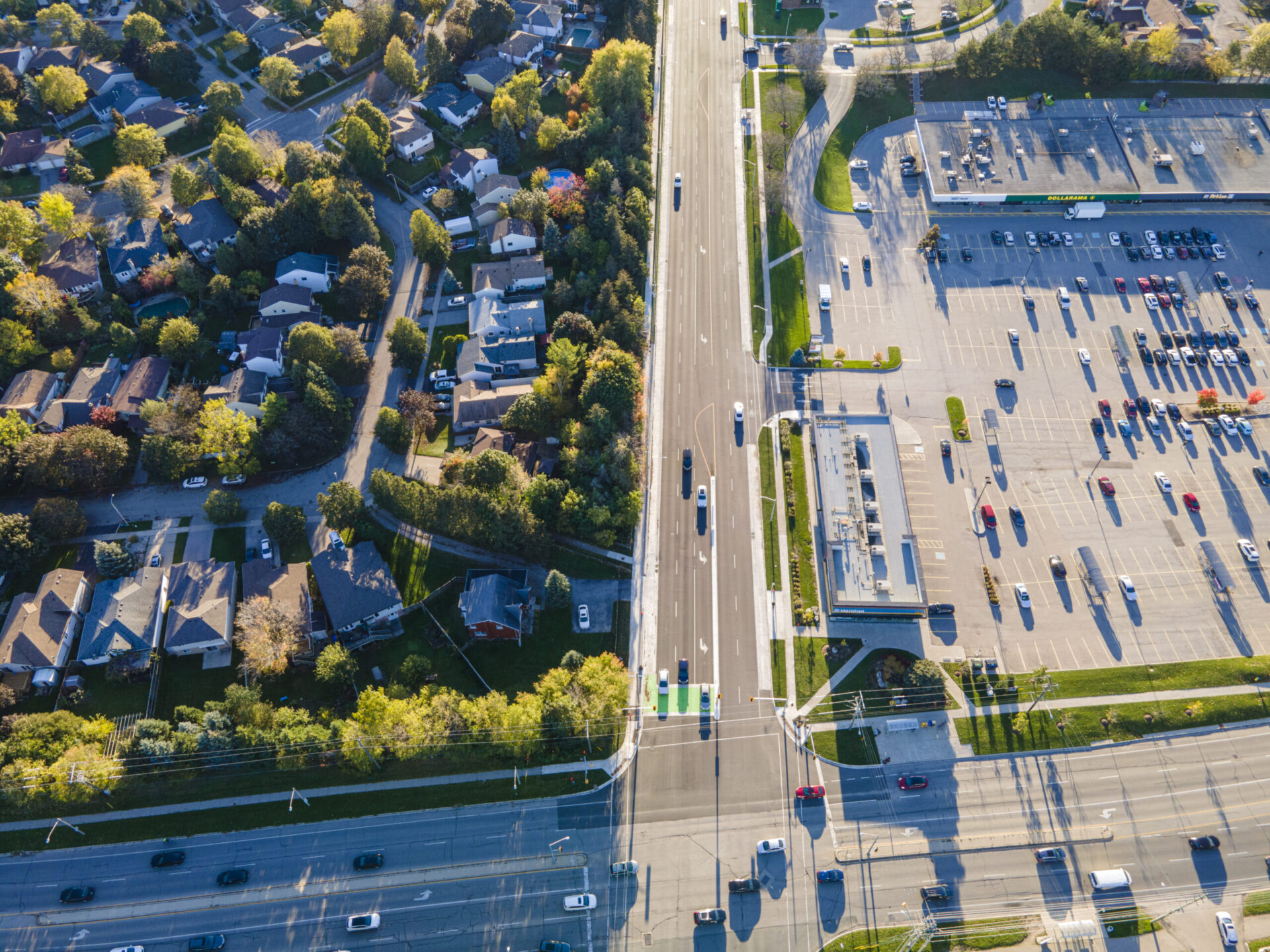 An aerial view of an architecturally designed parking lot.