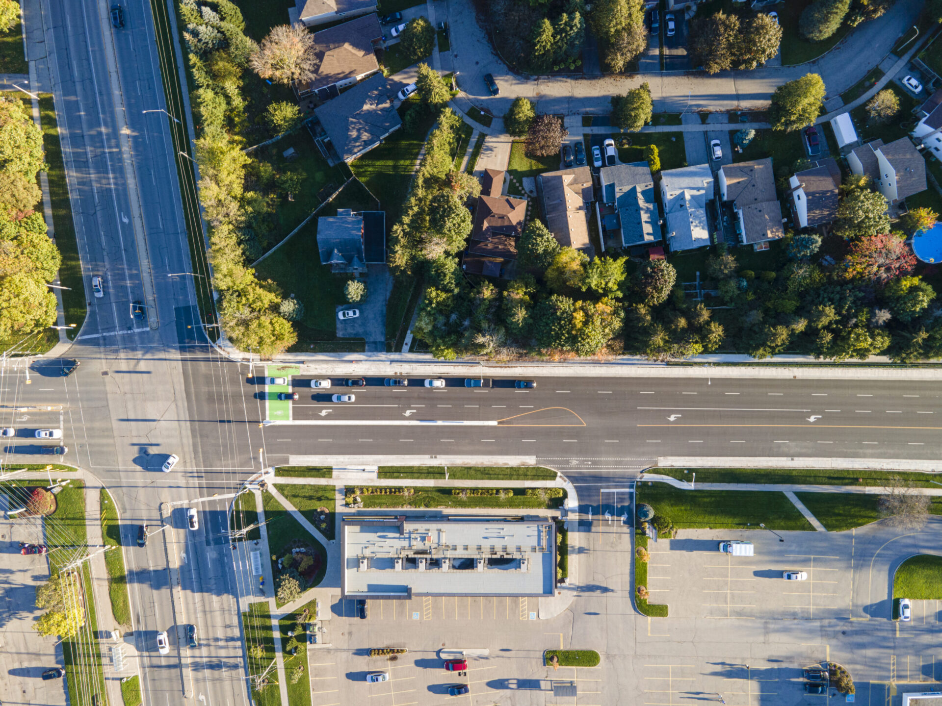 An aerial view of an architecturally impressive street intersection.