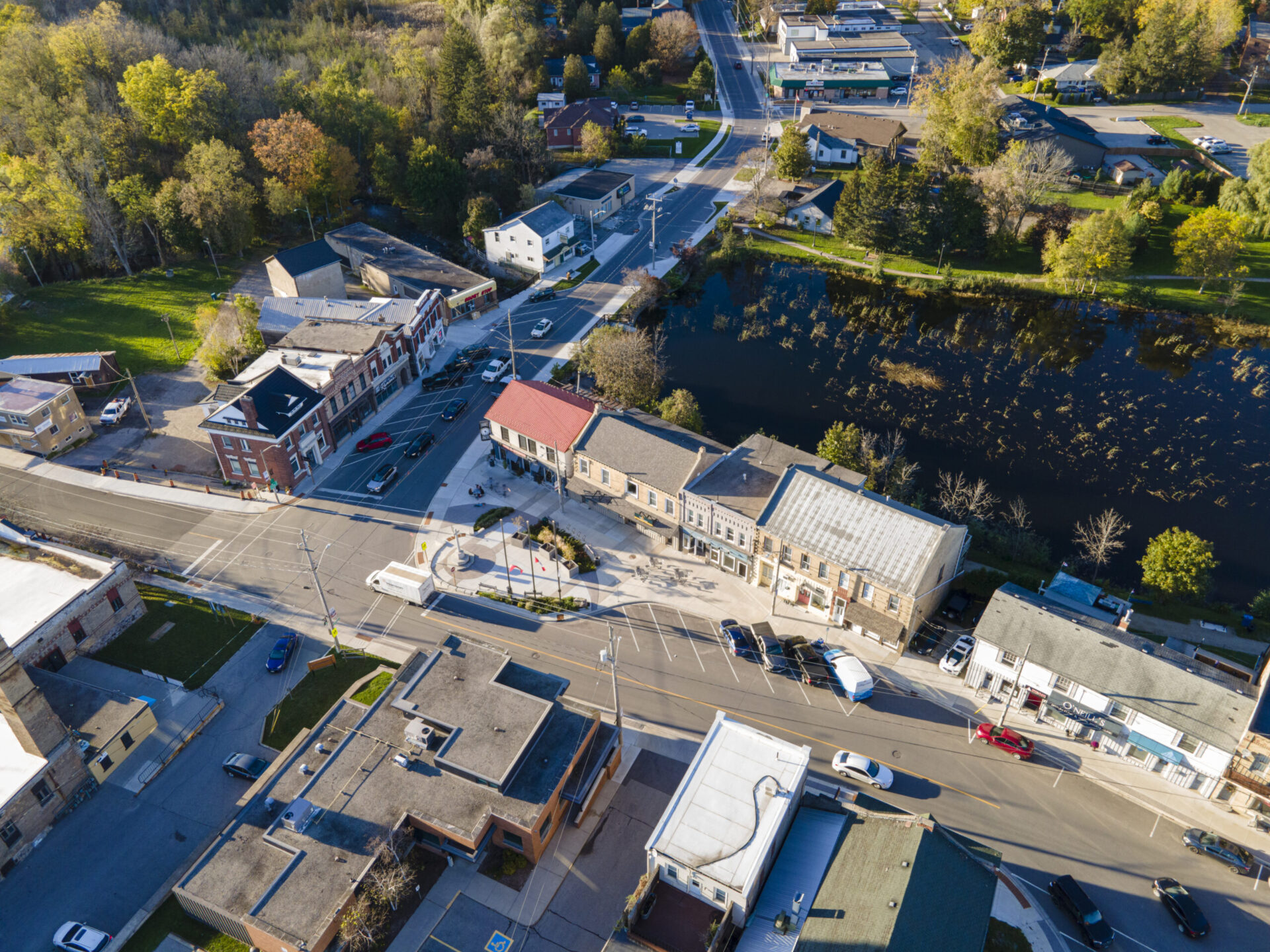 An aerial view highlighting the architecture and design of a small town.