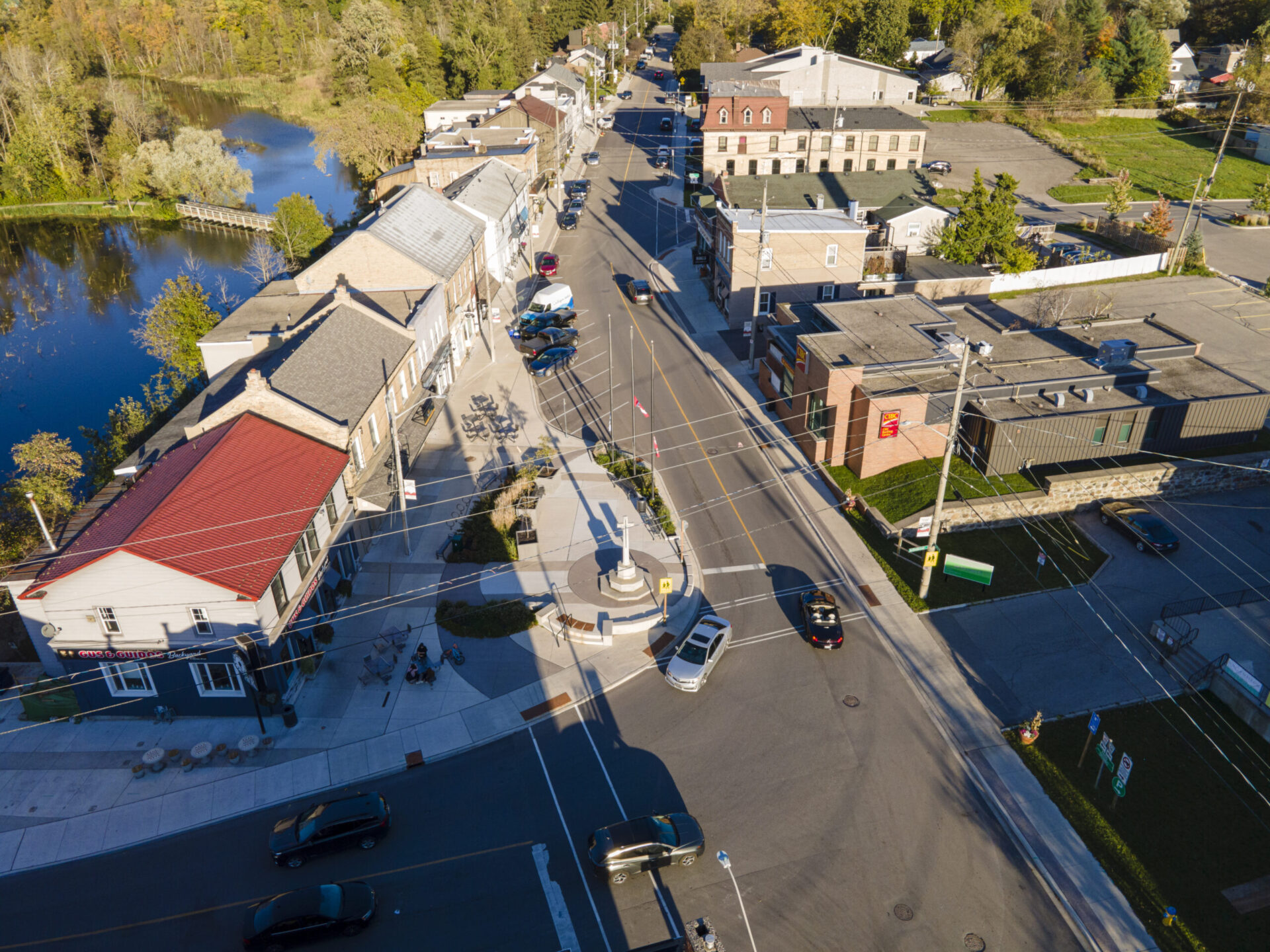 An aerial view of a town showcasing its architecture.
