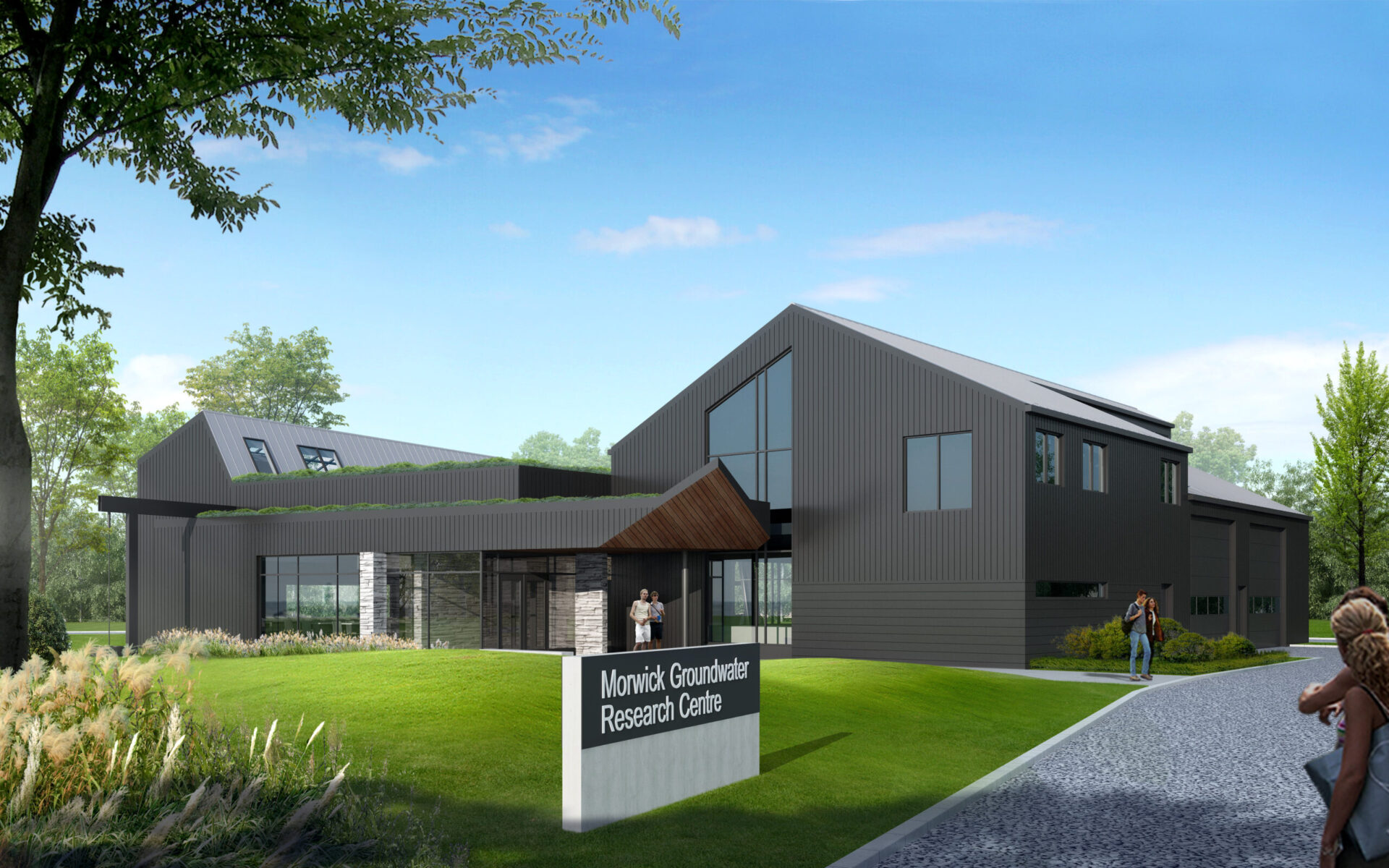 A rendering of a black building showcasing architectural design with people walking in front of it.