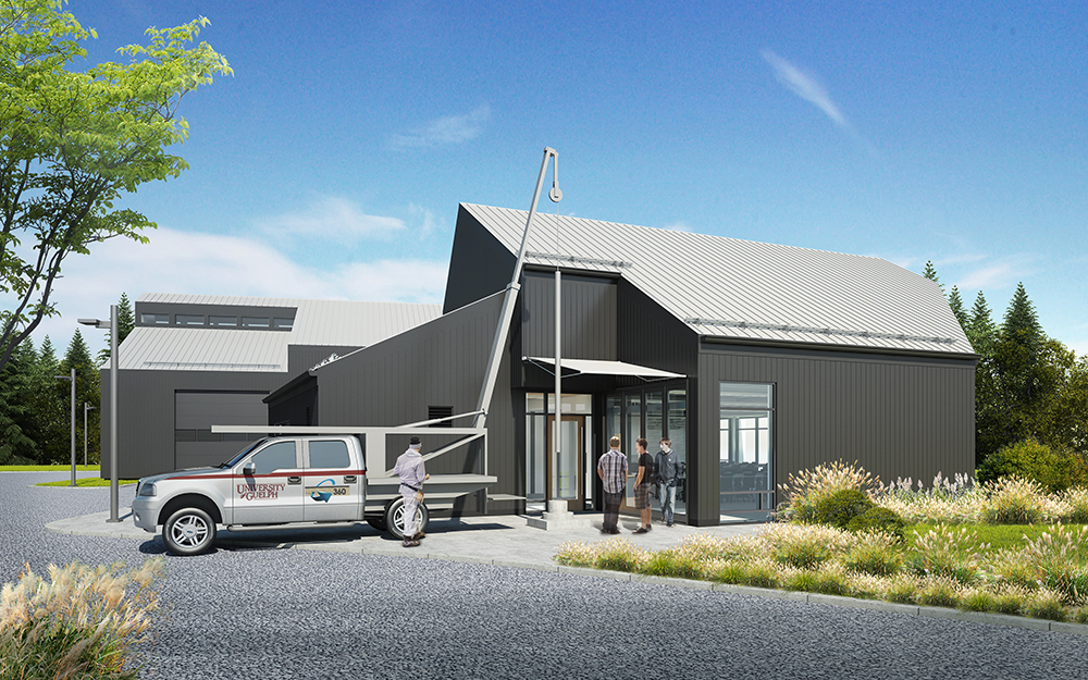 A rendering of an architecturally designed building with a truck parked outside.