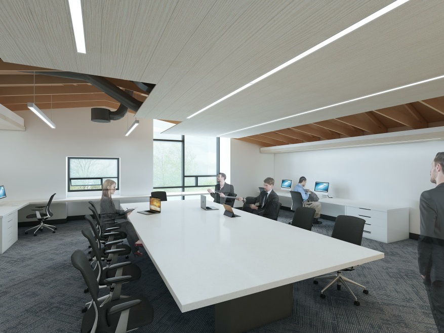 A rendering of an architecturally designed conference room with people sitting at desks.