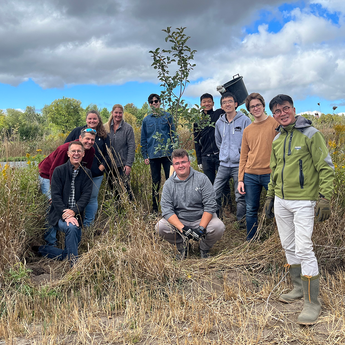 A diverse group of employees in a field standing around a young tree