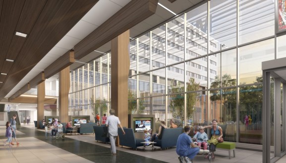 An artist's rendering of the architecture and engineering behind the building of a hospital lobby.