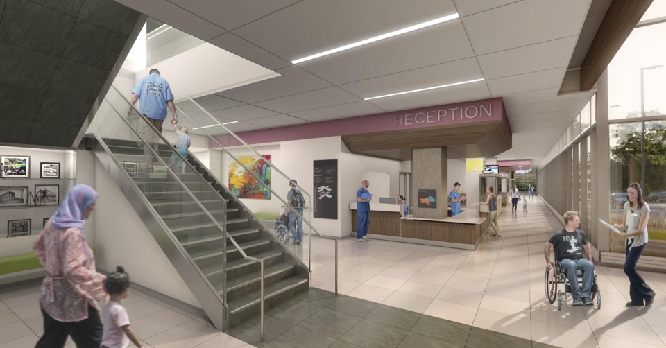 An architect's rendering of a hospital lobby.
