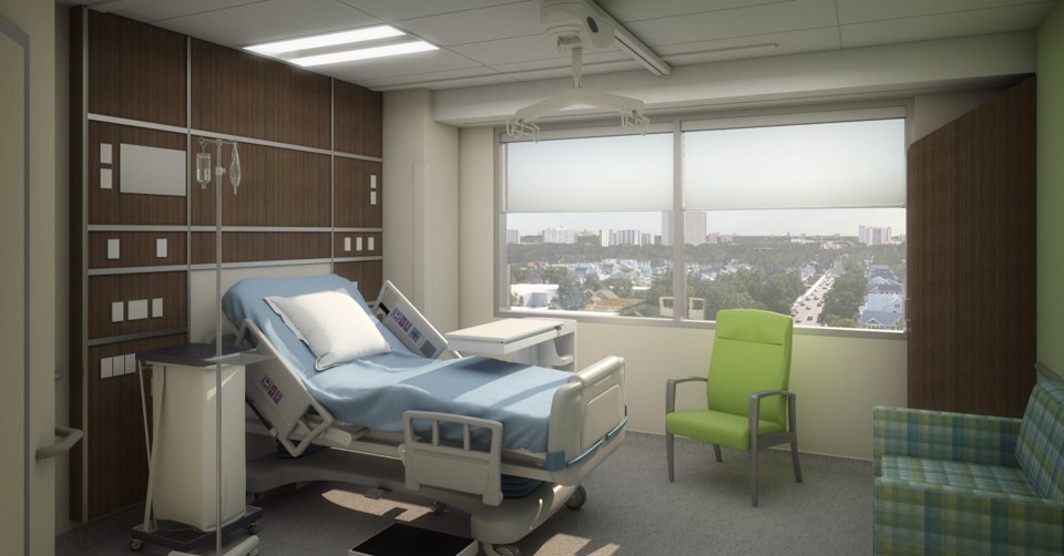 A 3D rendering of a hospital room showcasing engineering and architecture elements.