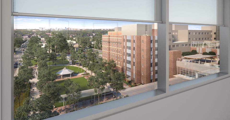 An architect's rendering of a building with a view of a park.