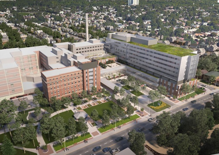 An architect's rendering of an engineering marvel with a green roof.