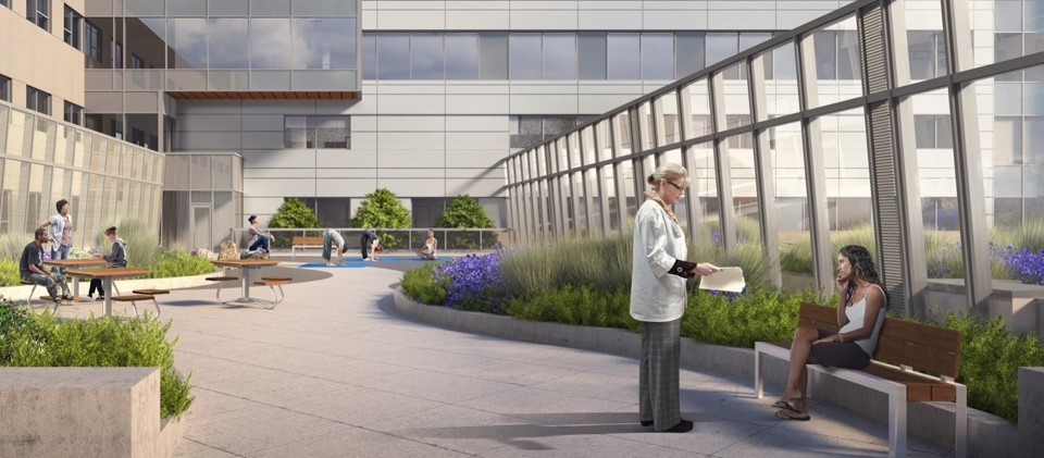 An architect's rendering of a hospital courtyard.